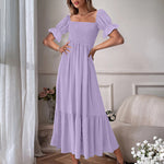 Ruffle Puff Sleeve Smocked Dress Square Neck Long Sleeve High Waist Flowy Maxi Dress