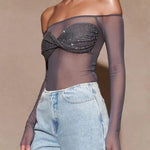 Garcelle Mesh Twist Sequin Bardot Neck Long Sleeve Stretch Top