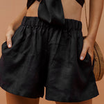 Elastic Waist Cotton Linen Wide Leg Shorts with Pocket