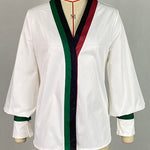 Long Sleeves Loose Contrast Color Pleated V-Neck Blouses&Shirts Tops