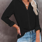 Casual Loose Long Sleeve Button V Neck Shirt Top