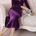 Solid Velvet Long Sleeve V Neck Slim Fit Fishtail Maxi Dress