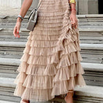 Nadorine Women's A-Line Patchwork Mesh Cake Skirt Casual Solid Color High Waist Loose Ruffled Pleated Long Tulle Skirt
