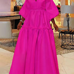 High Waisted Puff Sleeves Falbala Solid Color V-Neck Maxi Dresses
