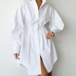 Long Sleeve Tunic Dress High Waist Lapel Short Dress Button Down Pleated Dress