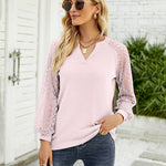 Nadorine V Neck Tops Solid Color Blouse Long Sleeve Pullover Lace Patchwork Shirt