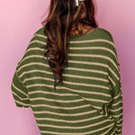 Green Stripe Casual Stripe Round Neck Drop Shoulder Sweater