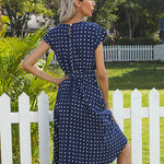 Polka Dot Midi Modest Summer Dress for Women High Waist Short Sleeve with Belt