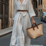 Long Sleeves Loose Belted Buttoned Striped Notched Collar Midi Dresses Shirt Dress