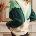 Geometric Color Block Knit Button V Neck Sweater
