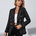 Lapel Single Button Tweed Plaid Blazer Long Sleeve Office Blazer