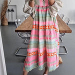 Pink Greek Key and Orange Chain Striped Print Midi Dress