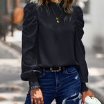 Zeagoo Zeagoo Casual Fold Bubble Cuff Bow Lace Round Neck Shirt Top