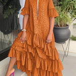 Flared Sleeves Half Sleeves Asymmetric Layered Pleated Printed Ruffle Trim Round-Neck Maxi Dresses