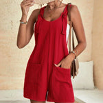 Knot Front Pocket Patched Overall Shorts Romper Without Tube Top Jumpsuits
