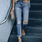 Ripped Stretch Skinny Jeans Mid Waist Distressed Denim Pants