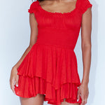 Off Shoulder Ruffle Shorts Romper Swiss Dot Smocked Layered Chiffon Boho Mini Jumpsuits