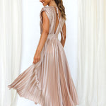 Elegant Satin Pleated V-neck Flowing Midi Dress