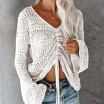 Front Tie Crop Knits Tops Ruched Drawstring Knitted V Neck Long Sleeve T Shirts