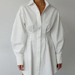 Long Sleeve Tunic Dress High Waist Lapel Short Dress Button Down Pleated Dress