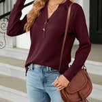Solid Color V-Neck Button Loose Long Sleeve T-Shirt Top