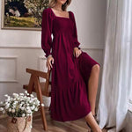 Solid Color Long Sleeve Dress Square Neck Lotus Leaf Maxi Dress