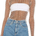 Sheer Long-Sleeved Blouse with Pearl Embellishments
