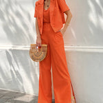 Nadorine Blazer Collar Short Sleeve Top Slit Trousers Pants Set