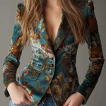 Vintage Teal Floral Velvet Tailored Blazer
