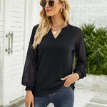 Nadorine V Neck Tops Solid Color Blouse Long Sleeve Pullover Lace Patchwork Shirt