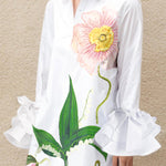 A-Line Flared Sleeves Floral Printed Split-Joint Split-Side Lapel Collar Maxi Dresses Shirt Dress