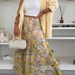Summer Lemon Print Elastic Waist Tulle Holiday Midi Skirt