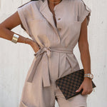Single-breasted Jumpsuit with Large Pockets Solid Color Shorts Jumpsuits