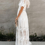 Nadorine Women's Boho Maxi Dress Embroidery White Lace Loose Holiday Beach Maxi Dress