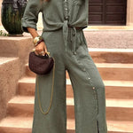 Solid Color Lapel Casual Button-down Shirt and Loose Pocket Slit Wide-leg Pants Set