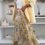Summer Lemon Print Elastic Waist Tulle Holiday Midi Skirt