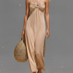 Women's Taupe Stretch Jersey Dress With Halter Neck & Keyhole Cutout, Timeless Effortless-Boho Style Dress