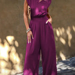 Rose Red Padded Shoulder Slant Pocket Wide Leg Jumpsuit