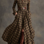 Retro Ethnic Style Lapel Reddish Brown Plaid Maxi Dress