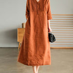 Loose Stitching Solid Color V-neck Half-sleeved Mid-length Dress