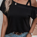 Black Asymmetric Criss Cross Cold Shoulder T Shirt