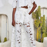 Redefining Elegance Floral Lace Cropped Shirt and Belt Pocketed Wide Leg Pants Set