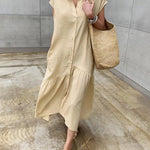 Nadorine Women's Casual Short Sleeve Ruffles Collared Button Down Maxi Dress