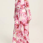 Island Girl Floral Print V-neck Long Sleeve Tie Slit Holiday Maxi Dress