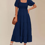 Square Neck Puff Short Sleeve Smocked Boho Maxi Dress Casual Flowy A Line Vacation Long Dress