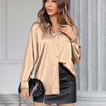 Womens Satin Silk Shirt V-Neck Long Sleeve Button Down Shirt Casual Loose Office Blouse Tops - Nadorine (Us Only)