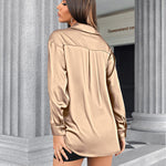 Womens Satin Silk Shirt V-Neck Long Sleeve Button Down Shirt Casual Loose Office Blouse Tops - Nadorine (Us Only)