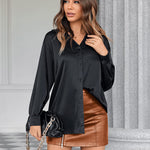 Womens Satin Silk Shirt V-Neck Long Sleeve Button Down Shirt Casual Loose Office Blouse Tops - Nadorine (Us Only)