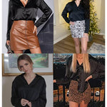 Womens Satin Silk Shirt V-Neck Long Sleeve Button Down Shirt Casual Loose Office Blouse Tops - Nadorine (Us Only)