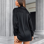 Womens Satin Silk Shirt V-Neck Long Sleeve Button Down Shirt Casual Loose Office Blouse Tops - Nadorine (Us Only)